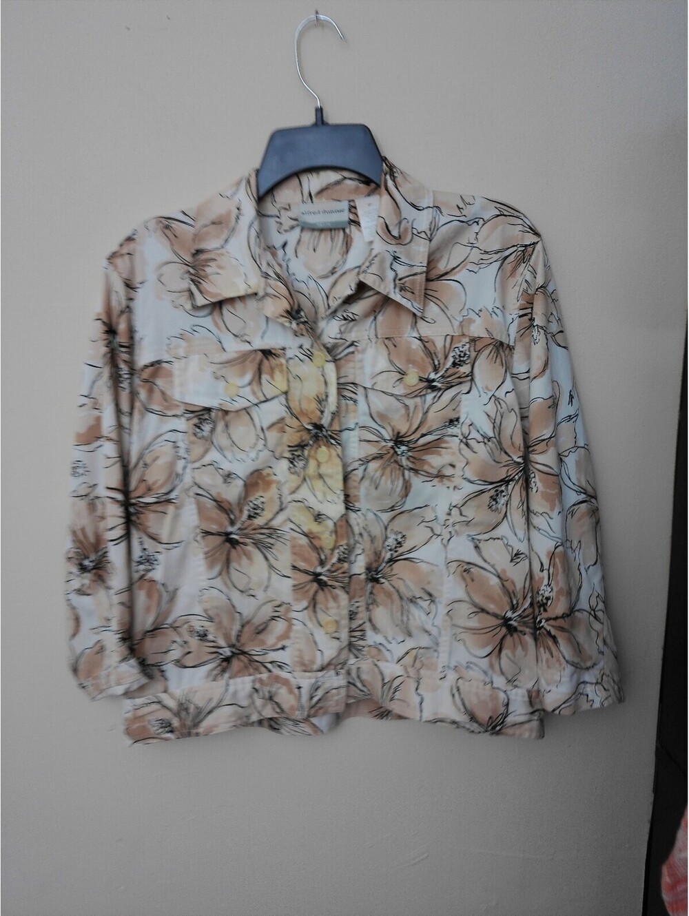 Alfred Dunner Womens Jacket Size‎ 8P Tan Floral Print Button Up Blouse VTG